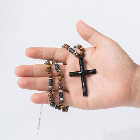 WFJ Men's Gemstone Beaded Crystal Necklace Cross Necklace for Men Tiger Eye, Obsidian, Lava Stones Rosary Beads Religious Jewelry Catholic Gifts in Saudi Arabia