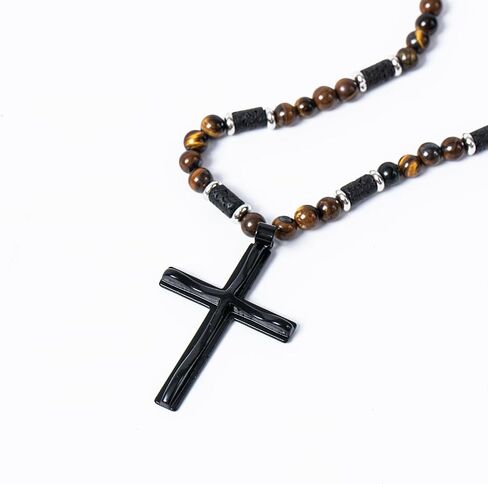 WFJ Men's Gemstone Beaded Crystal Necklace Cross Necklace for Men Tiger Eye, Obsidian, Lava Stones Rosary Beads Religious Jewelry Catholic Gifts in Saudi Arabia