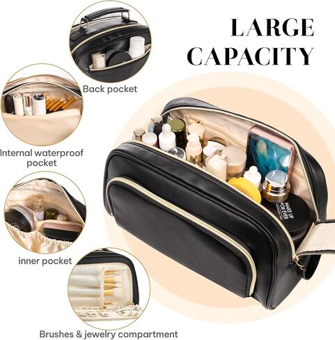 Travel Toiletry Bag Makeup Bag for Women - Stylish & Waterproof Leather Cosmetic Bags with Wide Open Flat, Portable Large Toiletry Organizer for Trave Daily Work in Saudi Arabia