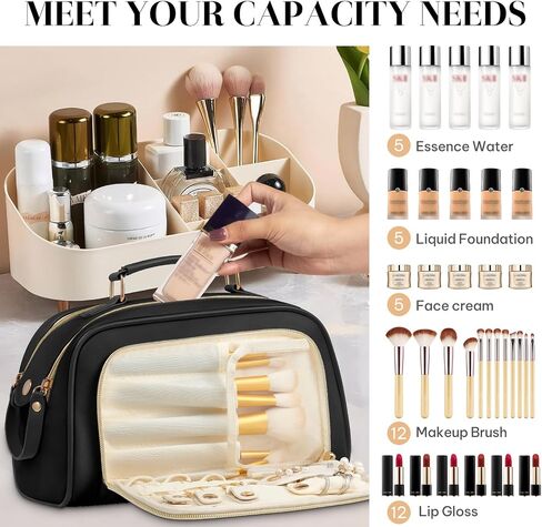 Travel Toiletry Bag Makeup Bag for Women - Stylish & Waterproof Leather Cosmetic Bags with Wide Open Flat, Portable Large Toiletry Organizer for Trave Daily Work in Saudi Arabia