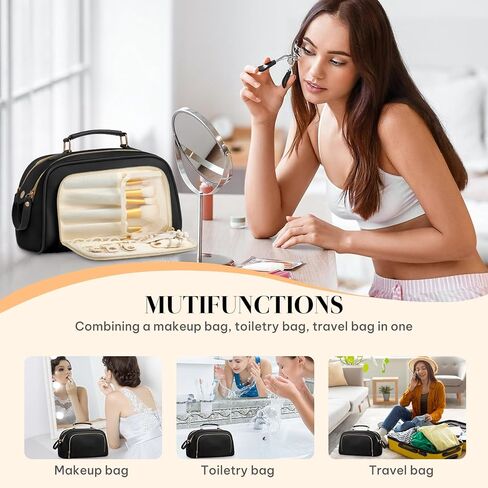 Travel Toiletry Bag Makeup Bag for Women - Stylish & Waterproof Leather Cosmetic Bags with Wide Open Flat, Portable Large Toiletry Organizer for Trave Daily Work in Saudi Arabia