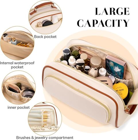 Travel Toiletry Bag Makeup Bag for Women - Stylish & Waterproof Leather Cosmetic Bags with Wide Open Flat, Portable Large Toiletry Organizer for Trave Daily Work in Saudi Arabia