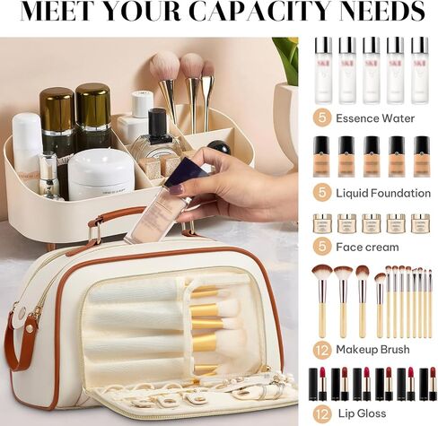 Travel Toiletry Bag Makeup Bag for Women - Stylish & Waterproof Leather Cosmetic Bags with Wide Open Flat, Portable Large Toiletry Organizer for Trave Daily Work in Saudi Arabia