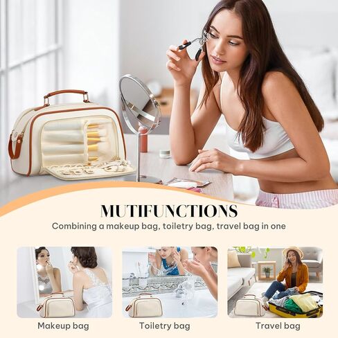 Travel Toiletry Bag Makeup Bag for Women - Stylish & Waterproof Leather Cosmetic Bags with Wide Open Flat, Portable Large Toiletry Organizer for Trave Daily Work in Saudi Arabia
