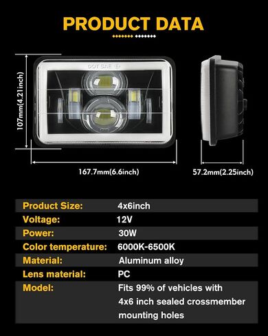 CO LIGHT 4Pcs 4x6 LED Headlights DOT Hi/Lo Sealed Beam Headlights Replacement H4651 H4652 H4656 H4666 H6545 Compatible with Peterbilt 379 Kenworth T800 T600 Freightinger Ford Probe in Saudi Arabia