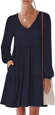 Womens Casual Dress Sweet Cute V Neck Mini Dress with Pocket Skin Friendly Fabric Long Sleeve Fall Dresses in Saudi Arabia