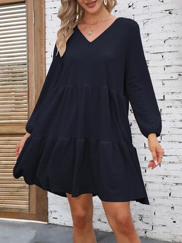 Womens Casual Dress Sweet Cute V Neck Mini Dress with Pocket Skin Friendly Fabric Long Sleeve Fall Dresses in Saudi Arabia