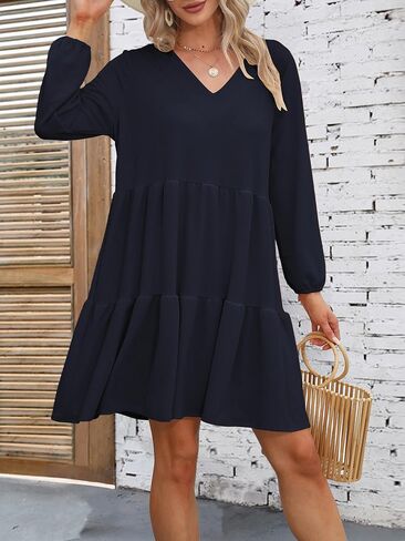 Womens Casual Dress Sweet Cute V Neck Mini Dress with Pocket Skin Friendly Fabric Long Sleeve Fall Dresses in Saudi Arabia