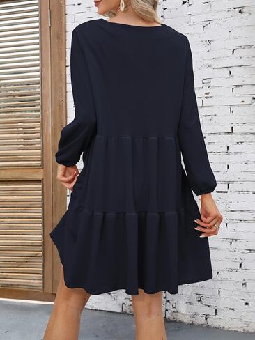 Womens Casual Dress Sweet Cute V Neck Mini Dress with Pocket Skin Friendly Fabric Long Sleeve Fall Dresses in Saudi Arabia