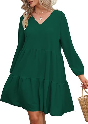 Womens Casual Dress Sweet Cute V Neck Mini Dress with Pocket Skin Friendly Fabric Long Sleeve Fall Dresses in Saudi Arabia