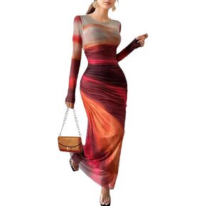 Women's Long Sleeve Maxi Dress Tie Dye Floral Printed Bodycon Ruched Long Dress Mesh Layered Elegant Outfits