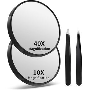10X&40X Magnifying Mirrors with Suction Cups and 2 Tweezers Set，3.5 inches Magnified Makeup Mirror, Black, 2PCS