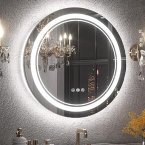 Keonjinn 24 Inch Round LED Bathroom Mirror with Lights, Frontlit & Backlit Stepless 3 Color Temperature, UL Listed LED Driver, Dimmable Defogging Frameless Circle Lighted Wall Mounted Vanity Mirror