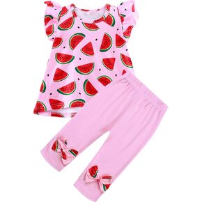Popshion Little Girls 2 Piece Summer Outfits Flutter Sleeve T-Shirt and Cropped Capri Leggings Kids Clothes Short Sets 2-8t