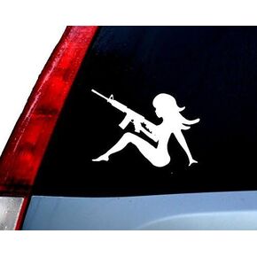 Sexy Girl with Gun Decal Vinyl Sticker|Cars Trucks Vans Walls Laptop| White |5.5 x 4 in|CCI721