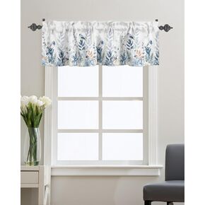 Watercolor Leaves Bird Window Valance for Kitchen,Summer Blue Flower Valances Curtain Window Topper,Eucalyptus Leaf on White Rod Pocket Curtains,Short Curtain for Bedroom Bathroom Living Room 42x12in