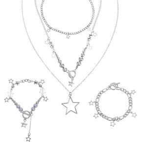 3pcs Silver Star Necklace Grunge Layered Necklace Y2K Silver Necklace Y2K Jewelry Set Kawaii Cute Necklaces Gothic Vintage Emo Jewelry