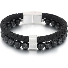 Layered Leather Beads Bracelets for Men Braided Leather Bracelet Lava Rock Beads Leather Bracelet with Stainless Steel Clasp Fleur De Lis,Bead Bracelets Jewelry Gifts for Men Boys Husband