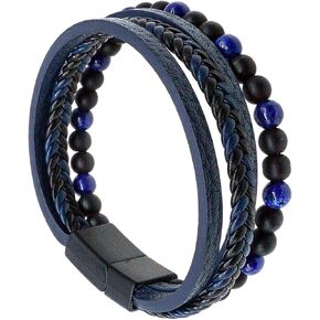 Black Brown Blue Braided Pu Leather Stone Small Beaded Multi Strands Bracelets for Men 8.07in