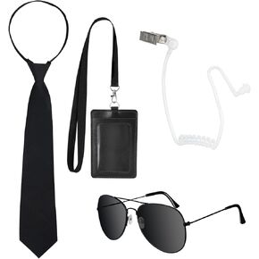 4PCS Secret Agent Accessories, Secret Service Costume Set with Adjustable Zipper Ties Sunglasses Fake Earpiece ID Card for Adult Kids Halloween Cosplay