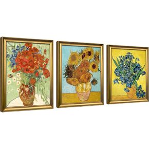 Wieco Art Framed 3 Panels Wall Art of Vincent Van Gogh Paintings Red Poppies and Daisies Sunflower Irises in Vase Canvas Prints for Wall and Home Decorations Bronze Gold Frame