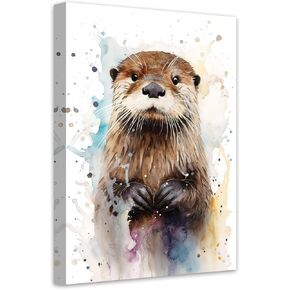LZIMU Watercolor Otter Canvas Wall Art Funny Otter Poster Prints Cute Animals Colorful Artwork for Nursery Kids Room Decor Framed (Otter-3, 12.00"x18.00")
