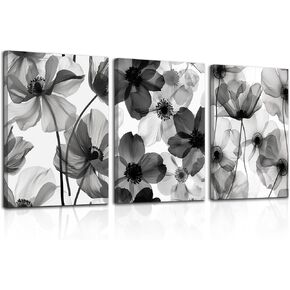HTTART Black and White Floral Wall Art, Black White Large Petals Picture Prints, Modern Minimalist Flower Artwork for Bedroom, Living Room Framed Ready to Hang 12"x16" Set of 3