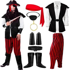 Xtinmee 9 Pcs Halloween Men's Pirate Costume Adults Renaissance Captain Pirate Costume for Halloween