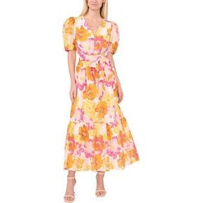 CeCe Women's Puff Sleeve Maxi Dress with Waist Tie