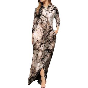 YMING Womens Floral Printed Dresses Long Sleeve Button Down Shirt Dress Lapel Loose Blouse Dress with Pockets