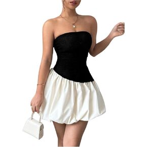 Verdusa Women's Y2K Color Block Strapless Tube Dress Ruched Mini Bubble Dress
