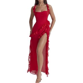 meilun Summer V-Neck Sleeveless Side Slit Backless Flowy A Line Maxi Dress Ruffle Long Dress Beach Holiday Dress