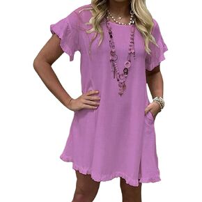 CHARTOU Women Loose Linen Mini Dress Summer Modest Frayed T Shirt Dress Flowy Ruffle Short Sleeve Shift Dress Pocket