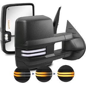 2PCS Black Towing Mirrors Power Heated Compatible for 2008-2013 Chevy Silverado Suburban Tahoe GMC Serria Yukon w/Sequential Turn light, Clearance Lamp, White Running Light
