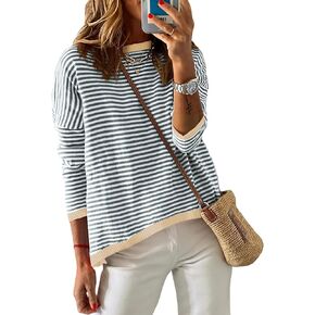 ELFTOWN Women's Cotton Crew Neck Long Sleeve Striped Sweater Pullover Color Block Oversized Casual Knitted Jumper Top