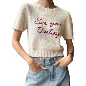 Verdusa Women's Letter Print Short Sleeve Knit Top Crewneck Crochet Pullover Sweaters