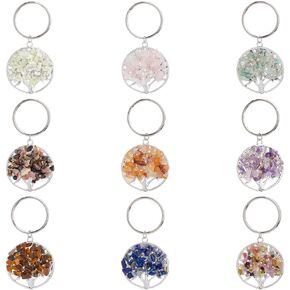 SUPERFINDINGS 36Pcs 9 Colors Tree of Life Keychain Platinum Tree Key Chain Crystal Stone Key Rings Charms Necklace Tree Life Crystals Gemstone Car Keyring