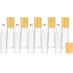 10 Pack 10ml/0.33 Oz Bamboo Roll On Bottle,Empty Clear Glass Roller Bottle for Essential Oils Stainless Steel Roller Balls Perfume Travel Vial Container-Pipette&Opener Included
