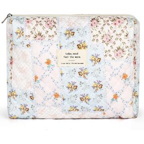 ZLFSRQ Cotton Quilted Makeup Bag for Women Girls Cute Large Pink Bow Checkered Cosmetic Bag Coquette Preppy Zipper Makeup Pouch for Purse Portable Travel Toiletry Bag Storage Organizer Skincare Bag