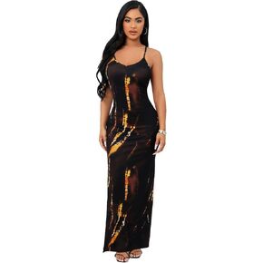 Verdusa Women's Criss Cross Backless Split Thigh printed Bodycon Maxi Cami Dress