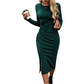 SOLY HUX Women's Twist Front Split Midi Dress Crew Neck Long Sleeve Bodycon Elegant Dresses