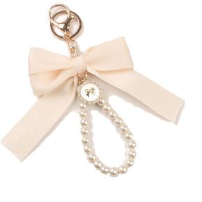 Caiyao Cute Bowknot Pearl Wristlet Keychains for Women Lily Sakura Flower Key Ring for Car Wallet Pendant Bag Charms