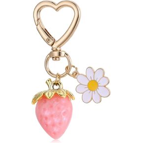Lusofie Strawberry Keychain Cute Strawberry Daisy Keychain with Heart Keyring Kawaii Strawberry Stuff Accessories for Bag Charms Purse Charms Bag Charms For Handbags