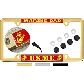 [Officially Licensed US Marine Corps Product] - USMC Marine Dad - Domed Custom-Made Personalized Narrow (Thin) Top 4 Hole Metal Car License Plate Frame with Free caps - Black Frame (Qty: 1)