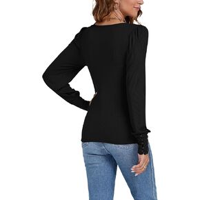 LYANER Women's Scoop Neck Puff Long Sleeve Tops Casual Basic Solid T Shirt Button Cuffs Pullovers Shirts Blouse