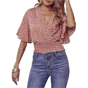 SweatyRocks Women's Short Butterfly Sleeve Ditsy Floral Wrap V Neck Shirred Blouse Crop Top
