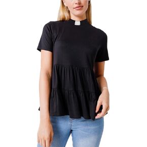 Women Summer Clergy Short Priest Tab Collar with Three Layer Loose Shirt Top