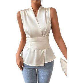 Verdusa Women's V Neck Satin Sleeveless Blouse Work Office Shirt Tank Top