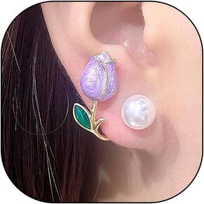 Dainty Tulip Flower Enamel Statement Earrings,Charming Floral Pearl Jacket Front Back Earrings Trendy Petal Dripping Oil Jewelry Accessory Gift for Women