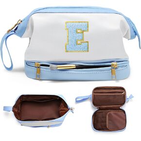YOOLIFE Large Capacity Makeup Bag, Leather Make Up Bag Travel Toiletry Makeup Bag Teen Girl Gifts Birthday Gift Ideas Gifts for Women Initial Cosmetic Bags for Teen Girls (Blue A)